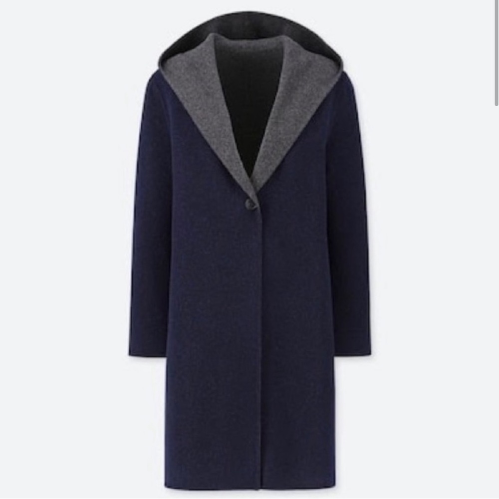 NWT Uniqlo Women Double Face Hooded Coat Navy/Grey - SZ S